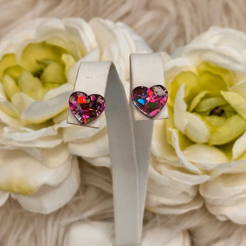 Heart Stud Earrings Acrylic With Foil Sparkle NEW!
